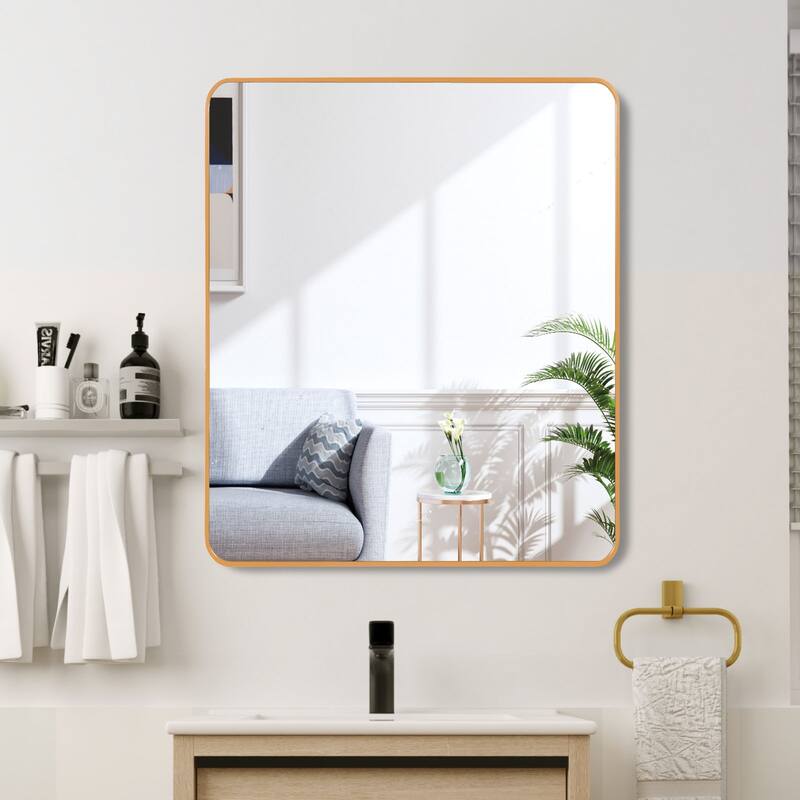 GDFStudio - Willow Luxury Modern Large Square Metal Bathroom Vanity Wall Mirror with Strong Geometric Balance - Gold - 36" x 36"