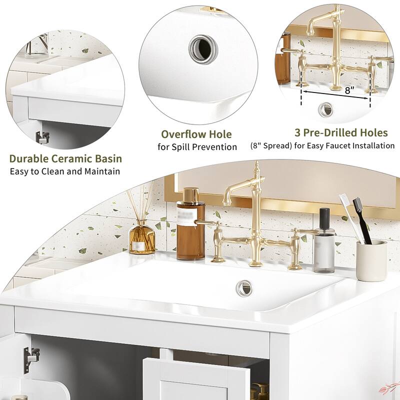 Modern 24" Bathroom Vanity with Ceramic Sink - Soft-Close Door with Double Shelf, 3 Drawers,for Small Spaces