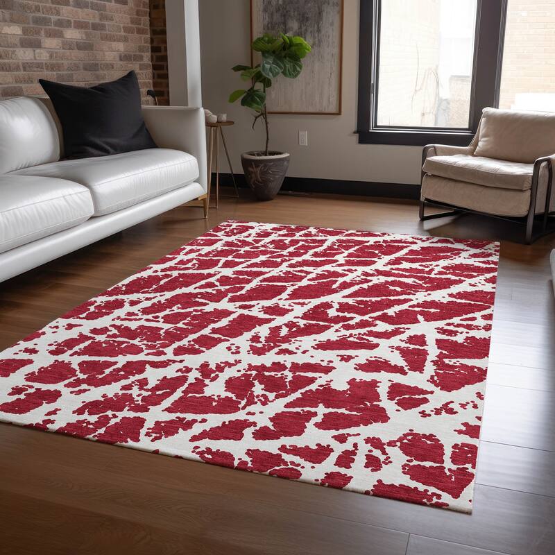 Machine Washable Indoor/ Outdoor Transitional Red Crackle Chantille Rug