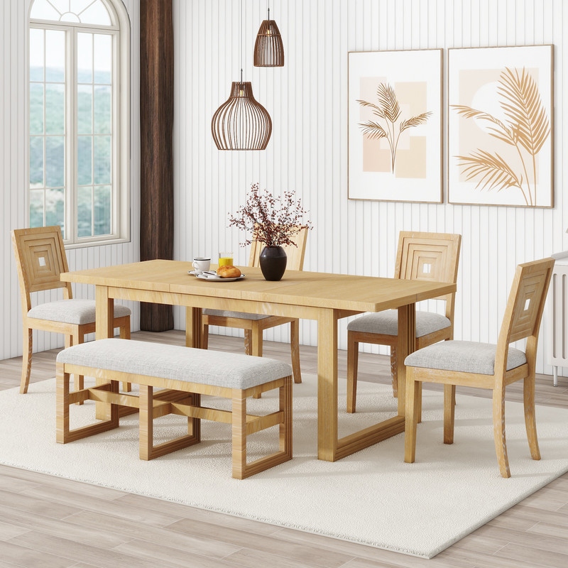 Modern 78inch 6 Piece Extendable Dining Table Set 4 Upholstered
