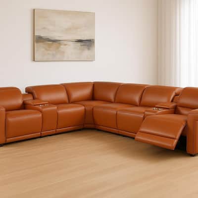 HomeRoots Camel Italian Leather Modular L Shaped Eight Piece Corner Sectional With Console