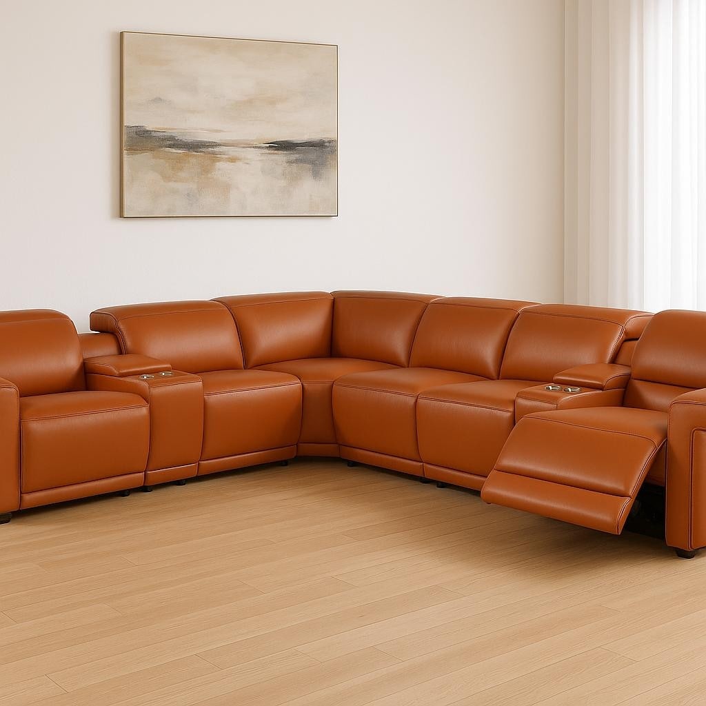 HomeRoots Camel Italian Leather Modular L Shaped Eight Piece Corner Sectional With Console