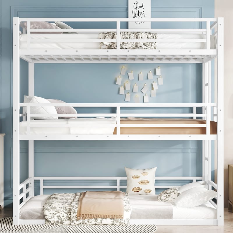 Roomfitters Twin/Full/Queen Metal Triple Bunk Bed with Safety Guardrails, Heavy-Duty Noise-Reduced Frame, White