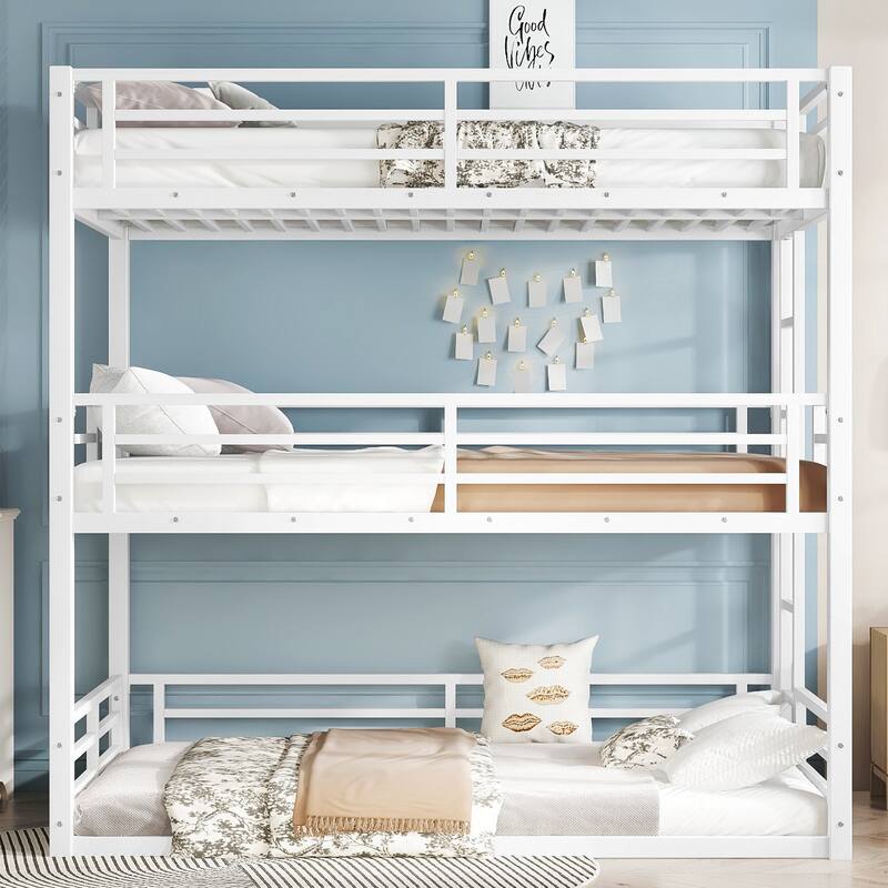 Twin over Twin over Twin Bunk Bed, Metal Triple Bunk Bed with Safety Guardrails, Heavy-duty Bunk Bed with Noise-reduced Design