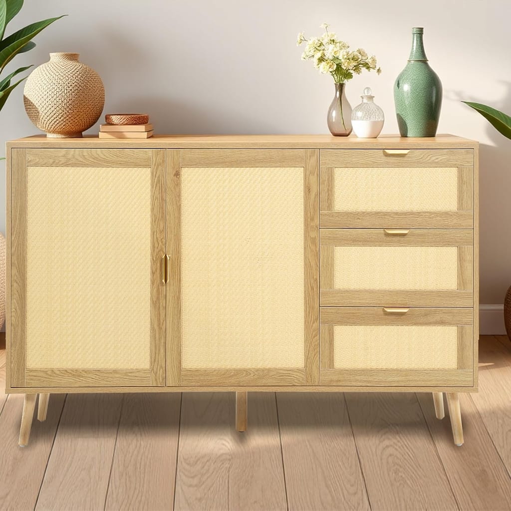 Rattan Sideboard Buffet Cabinet with 2 Doors, 3 Drawers, and Storage