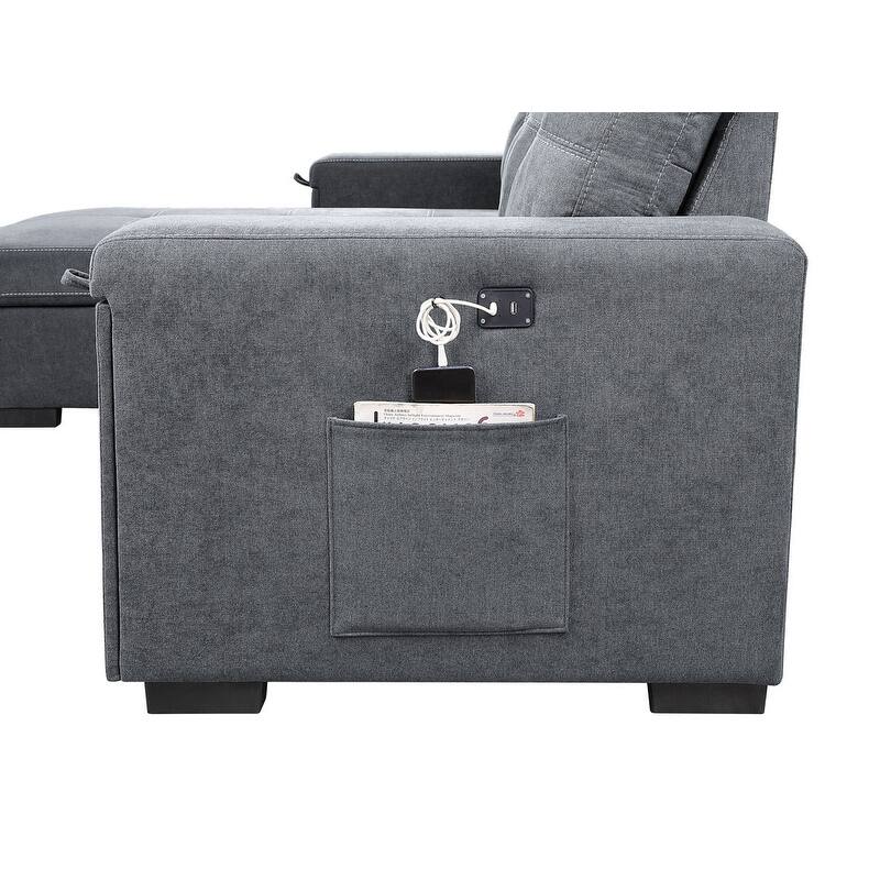 Toby 95-inch Gray Reversible Sleeper Sectional Sofa with Storage Chaise, Cup Holder and USB Ports - 95"W x 62"D x 36.5"H
