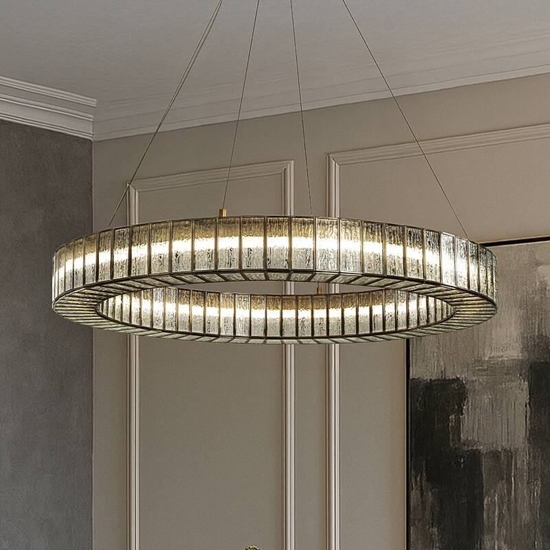34'' Modern Halo Round Textured Glass Integrated Led Chandelier Brass Empire Led Ceiling Light For Dining Room Living Room
