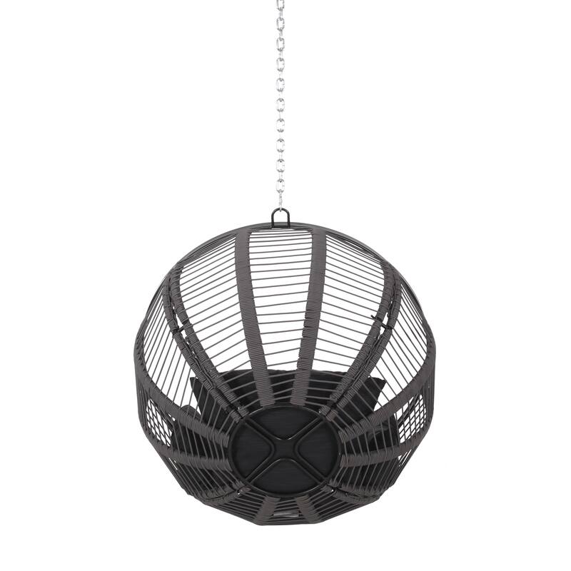 Roomfitters Modern Round Hanging Basket Swing, Large Spherical Wicker Frame with Plush Cushions for Outdoor Patio Seating, Black
