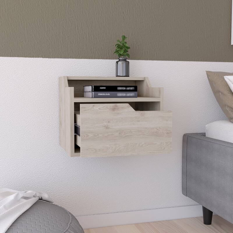 Floating Nightstand with Single Drawer, Modern Dual-Tier Design in Light Gray