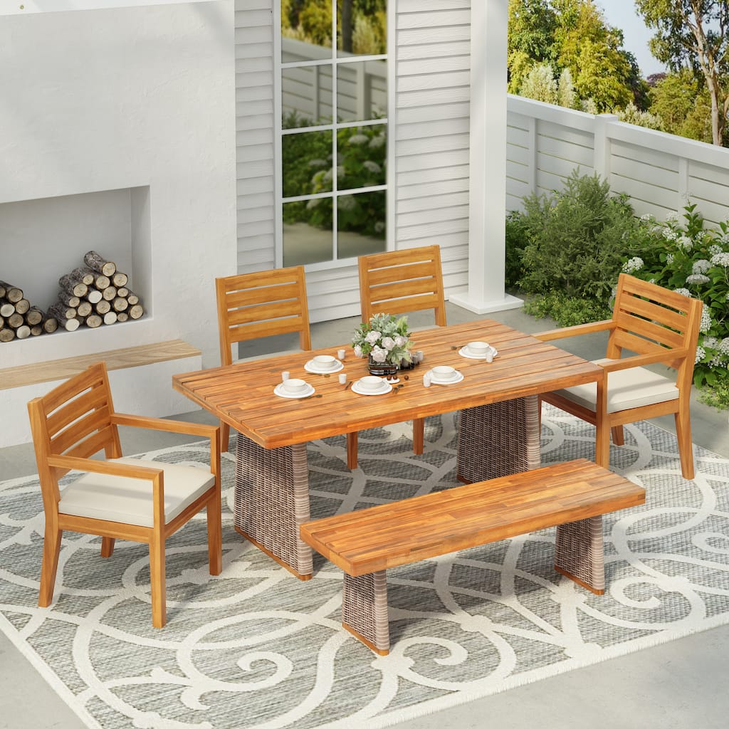 Christopher Knight Home - Kestrel Outdoor Acacia Wood 6 Piece Dining Set with Rattan Legs and Water Resistant Cushions