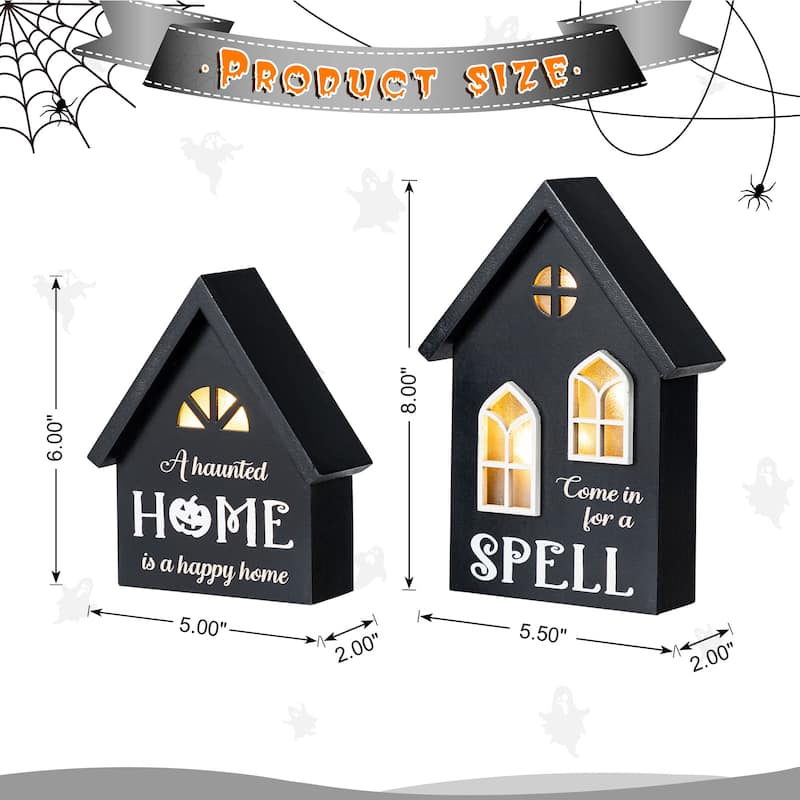 Glitzhome 8"H Set of 2 Lighted Halloween Wooden Hauted House Table Decor