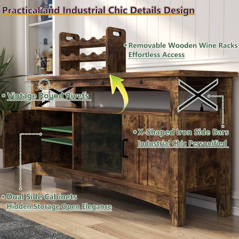 Farmhouse 47" Wine Bar Cabinet with Power Outlets & LED Lights, Industrial Coffee Bar Liquor Cabinet with Shelves & Wine Rack