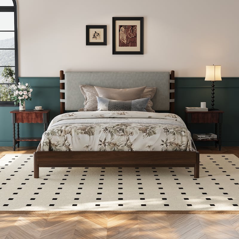 Low-profile Platform Bed Frame with Upholstered Panel Headboard and Wood Slat Supports, Optional with 2 Storage Nightstands