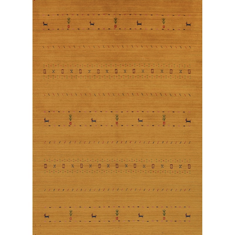 Tribal Gold Gabbeh Oriental Area Rug Hand-Knotted Wool Carpet - 5'5" x 7'7"
