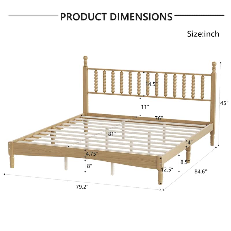 King/Full Size Wood Platform Bed with Gourd Shaped Headboard - Retro Style Wooden Slat Support Bed Frame