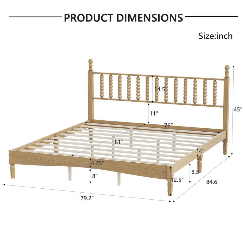 Retro Style Wood Low Profile Platform Bed with Wooden Slat Support and Gourd Shaped Headboard, No Box Spring Needed