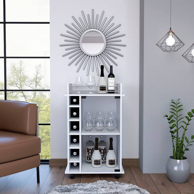 White 6-Bottle Bar Cart, 3 Shelves, Glass Door Cabinet, Wine Storage, Metal Rails, and Display Shelves