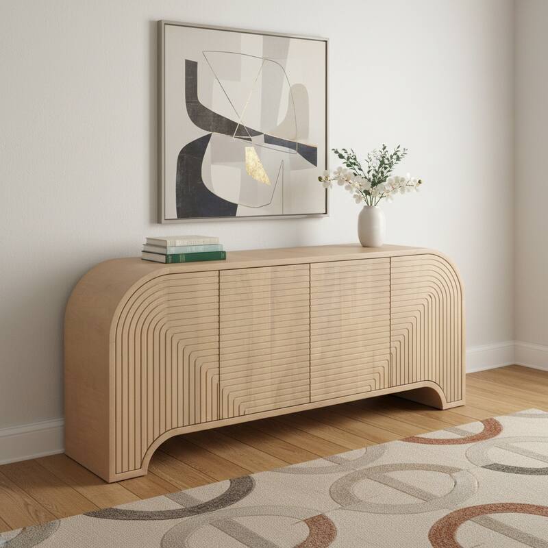HomeRoots 72" Natural Solid Wood Ribbed Texture Sideboard With Four Doors - 72.00 in. x 30.00 in. x 16.00 in. - 72.00 in. x 30.00 in.  x 16.00 in.