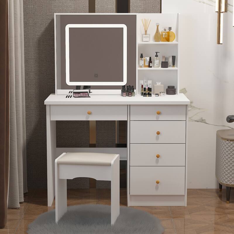 Kerrogee Makeup Vanity Set with Adjustable Lighted Mirror & Stool - 39.4"L x 19.7"W x 53.5"H