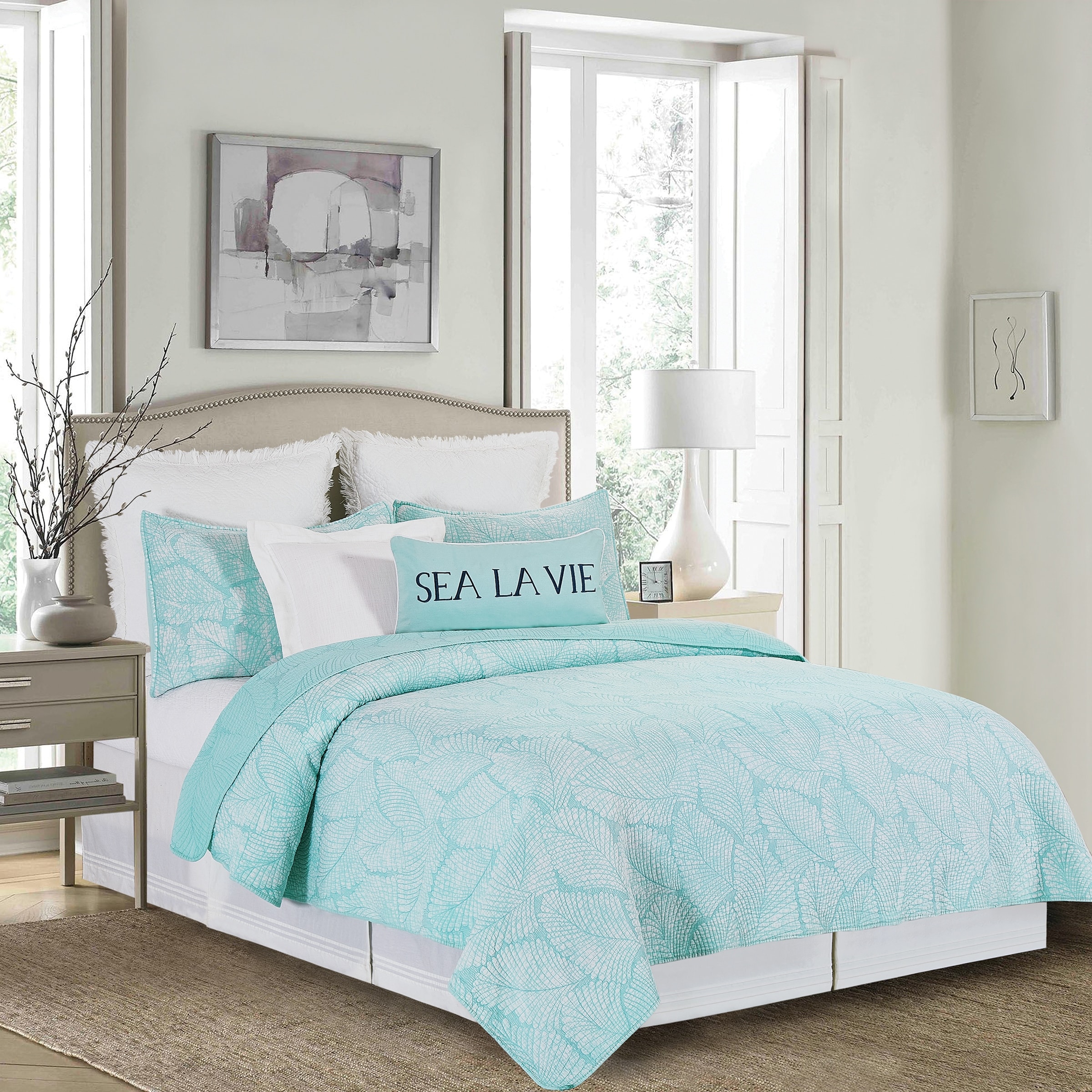 BEAUTIFUL MODERN BLUE AQUA TEAL GREEN BOHEMIAN TROPICAL OCEAN QUILT SET & SHEETS 