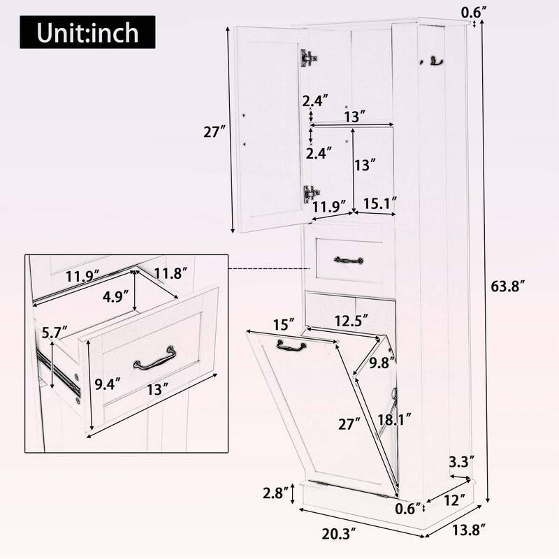 Tall Storage Cabinet with Tilt-Out Compartment,Adjustable Shelves,for Bathroom