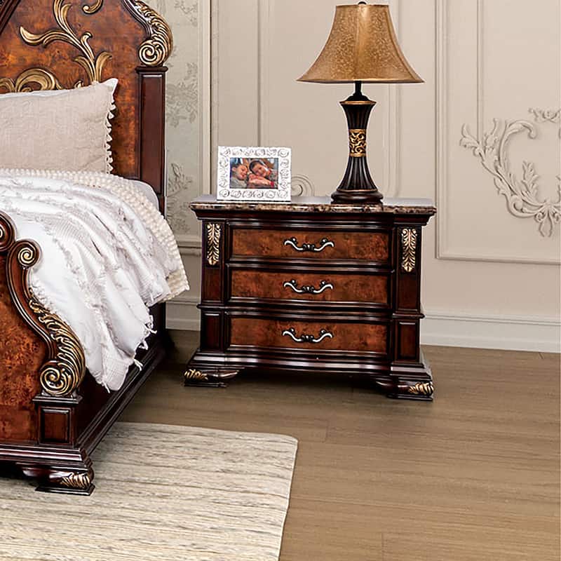 Furniture of America Cresswell Traditional Dark Cherry and Oak Stone Top 3-Drawer Nightstand - Dark Cherry