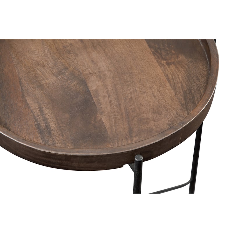 Set of 2 Modern Round Wood Brown Side Tables with Metal Legs