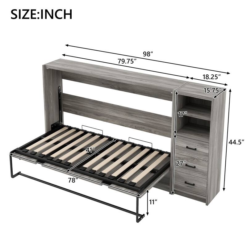 Space-Saving Foldable Twin Bed with Drawers, LED Light, and Cabinet, Gray