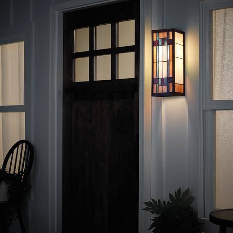River of Goods Multicolor Stained Glass and Black Satin Rectangular 1-Light Outdoor Wall Sconce - 6.25" x 5.5" x 16.25"