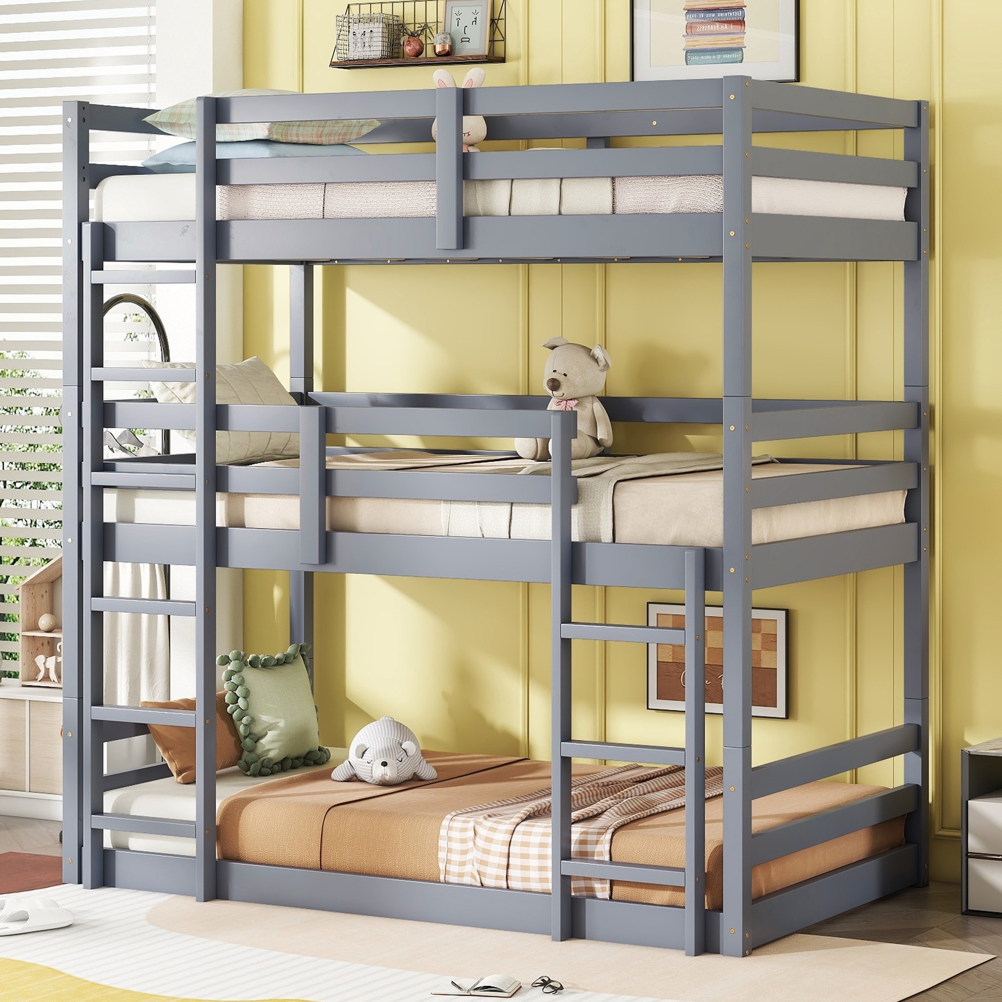 Elegant Twin Size Triple Wood Bunk Kids Bed with Ladders,Guardrails