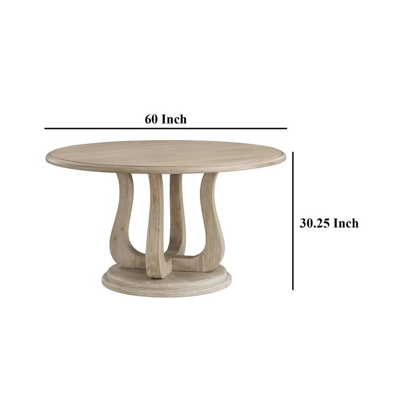 Eva Round Dining Table, Pedestal Base, White Washed Brown Wood 60 Inch