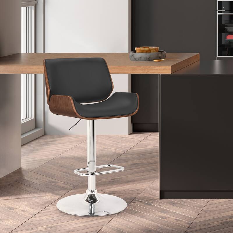 London Upholstered Walnut Adjustable Swivel Barstool - Black
