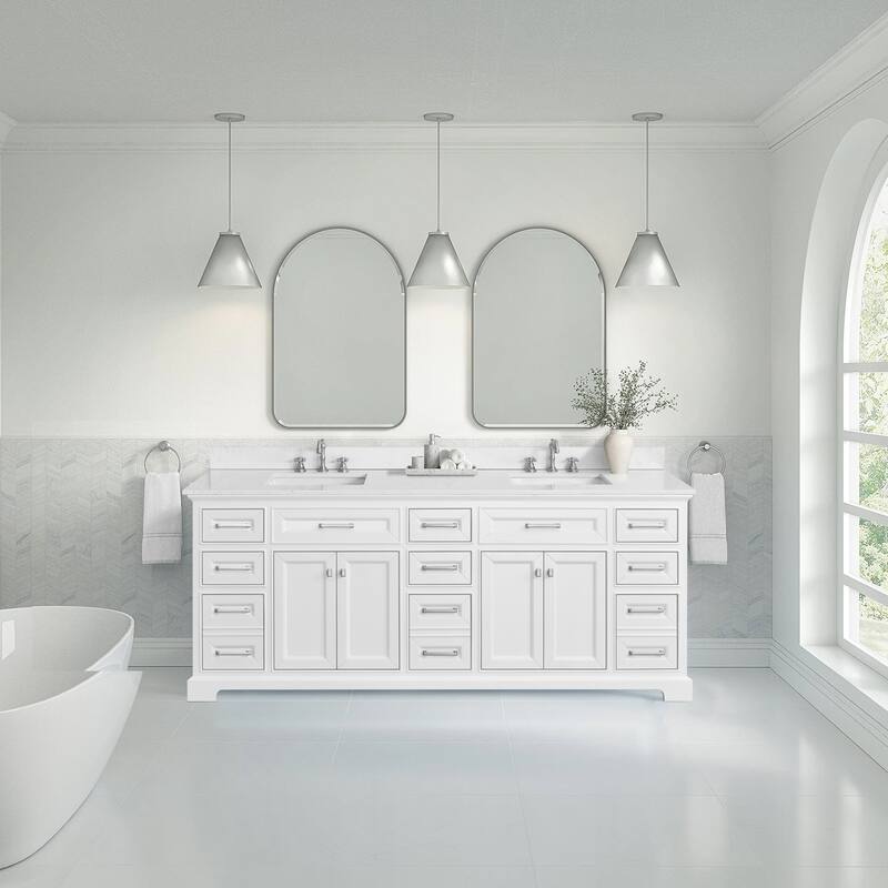 AstralLight 84 in. Double Sink Freestanding White Bath Vanity with White Engineered Marble Top