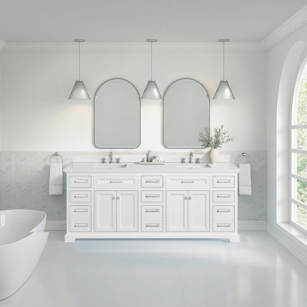 AstralLight 84 in. Double Sink Freestanding White Bath Vanity with White Engineered Marble Top