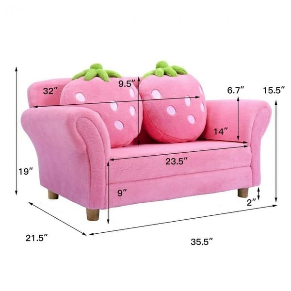dimension image slide 3 of 2, BL/PI Kids Strawberry Armrest Chair Sofa-Pink - 35.5" x 21.5" x 19" (L x W x H)