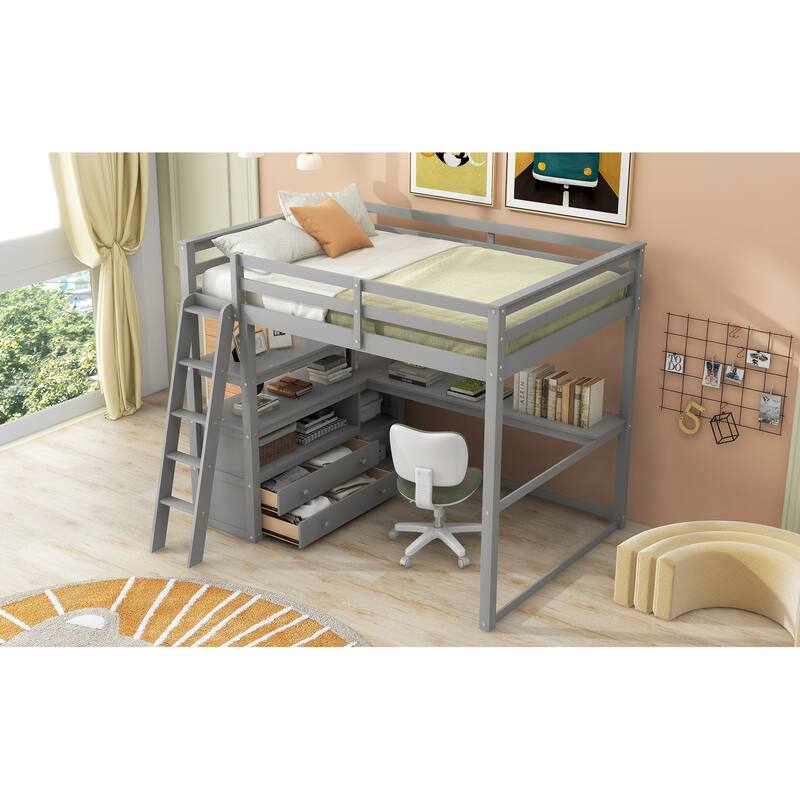 Sturdy Twin Loft Bed with Built-in Desk, Storage Shelves, and Drawers
