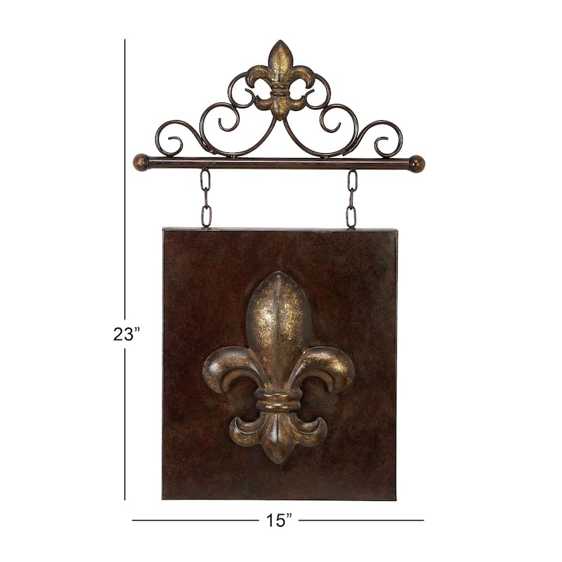 Bronze Metal Suspended Fleur De Lis Home Wall Decor with Scrollwork Hanger