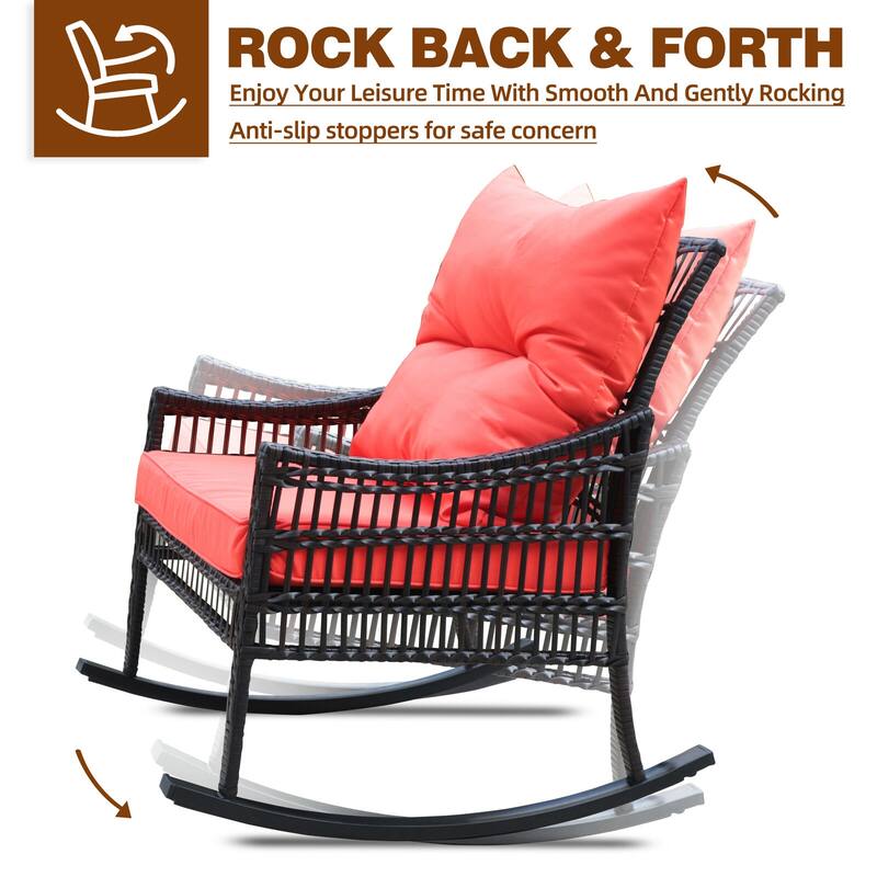 VEIKOUS 3-Piece Outdoor Wicker Patio Porch Rocking Chair and Rattan Coffee Table Set with Cushions and Pillows
