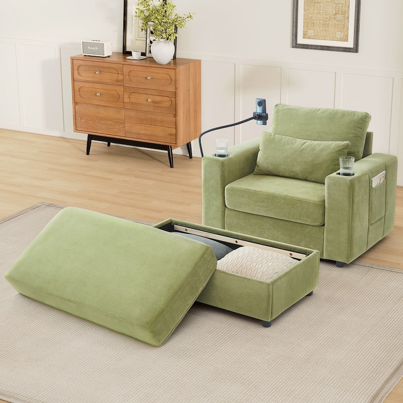 Modern Style Armchair 42.5" Chaise Lounge Sofa Couch with a Movable Storage Ottoman, Two USB Ports, Two Cup Holders