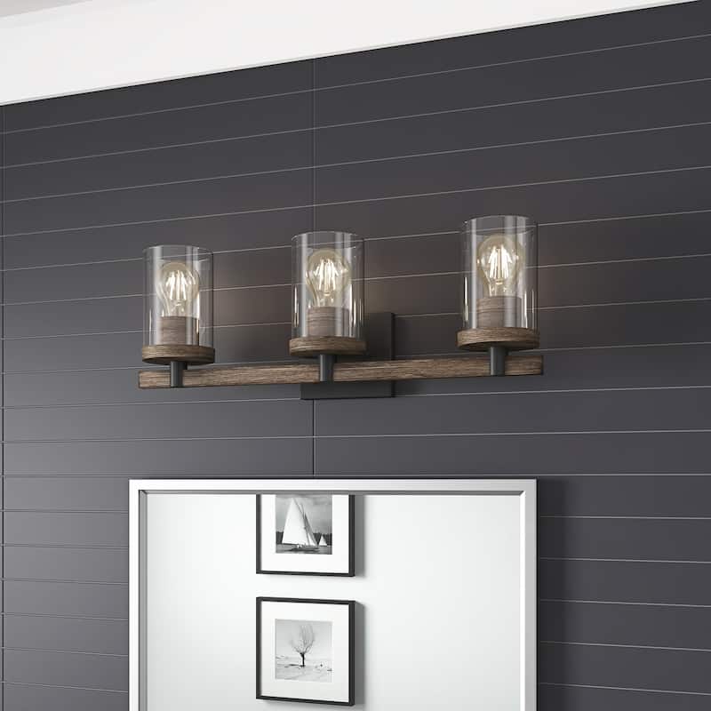 Farmhouse 3-Light Bathroom Vanity Light Fixture Over Mirror with Clear Glass Shade - Brown