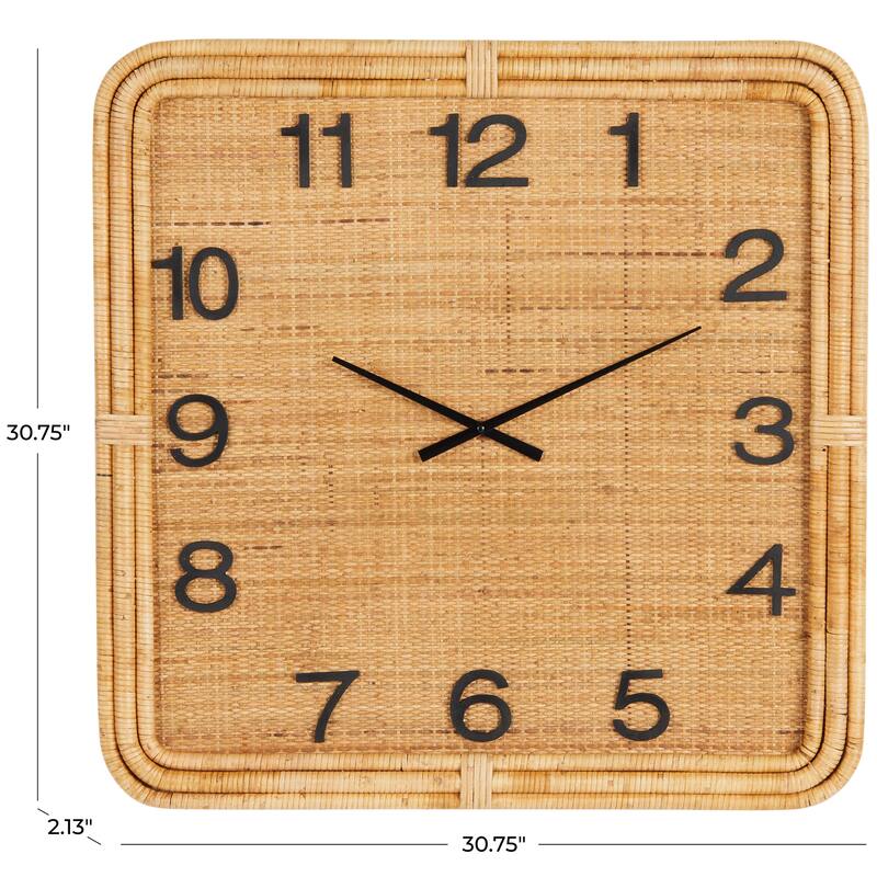 Brown Wood Handmade Woven Decorative Wall Clock with Rattan Wrapped Frame