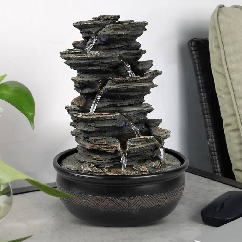5 Tier Indoor Tabletop Water Fountain Resin Rockery with Base