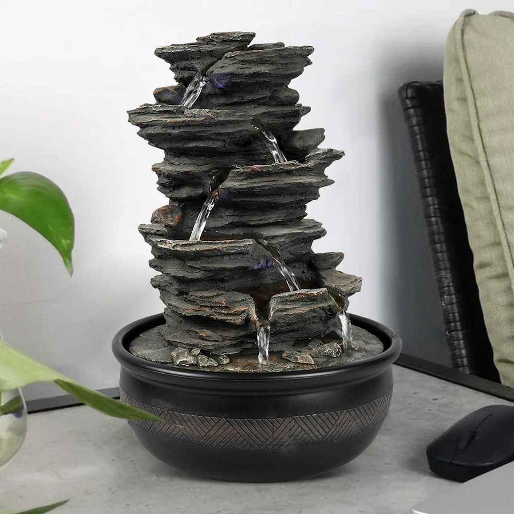 5 Tier Indoor Tabletop Water Fountain Resin Rockery with Base
