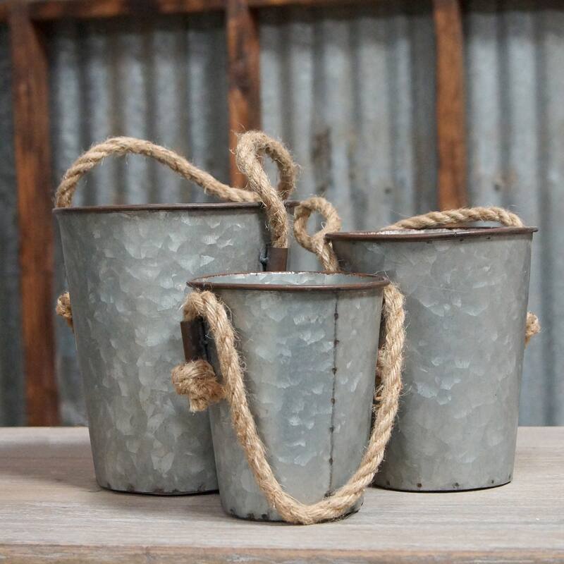 Galvanized Gray Metal Buckets with Rope Handles Set of Three