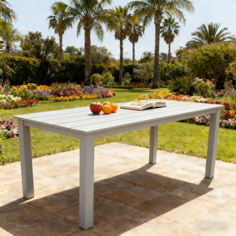 Wood Look Dining Table with Umbrella Hole Stainless Steel Legs Outdoor Picnic - Light Gray