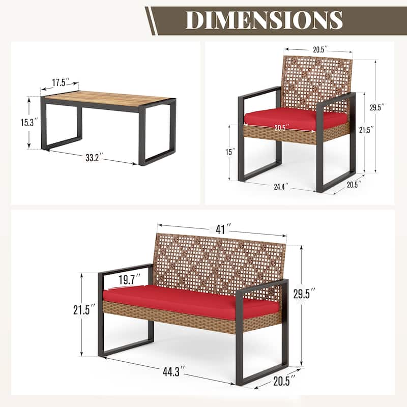 4-Piece Patio Furniture Wicker Outdoor Bistro Set, All-Weather Rattan Wood Conversation Set with Soft Cushions by Havenside Home