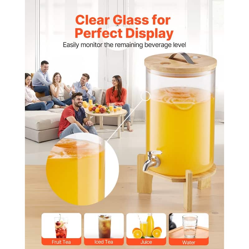 Transparent Borosilicate Glass Beverage Dispenser with Wicker Stand - 9.06” L x 9.06” W x 17.72” H