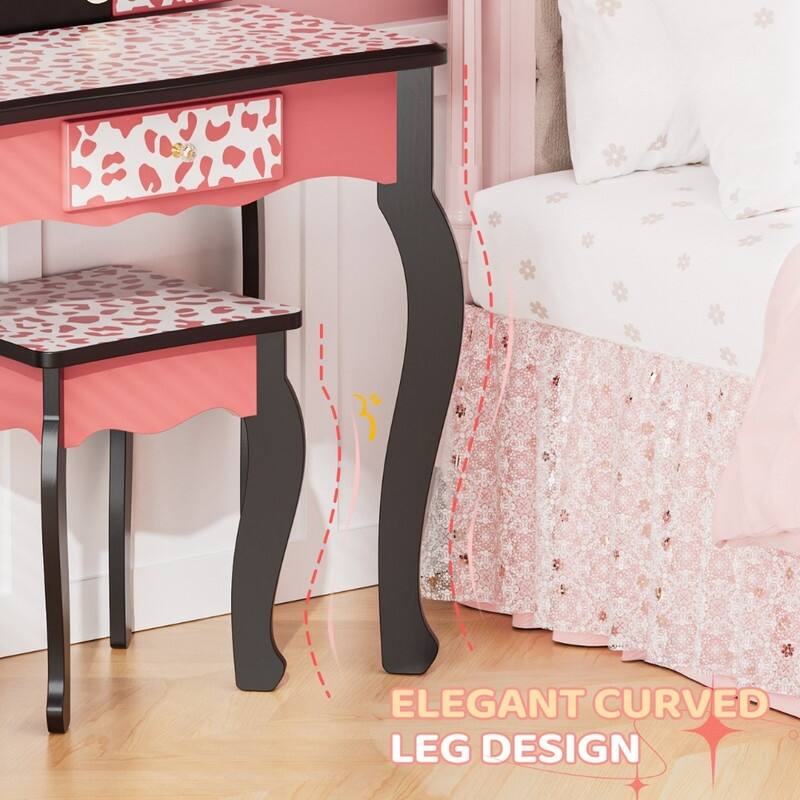 Kids MDF Vanity Table Set In Pink With 1 Drawer With 3-Color Dimmable LED Bulb - N/A