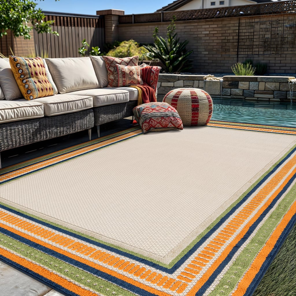 World Rug Gallery Indoor/Outdoor High-Low Textured Area Rug, Coastal Border Easy-Clean Patio Rug