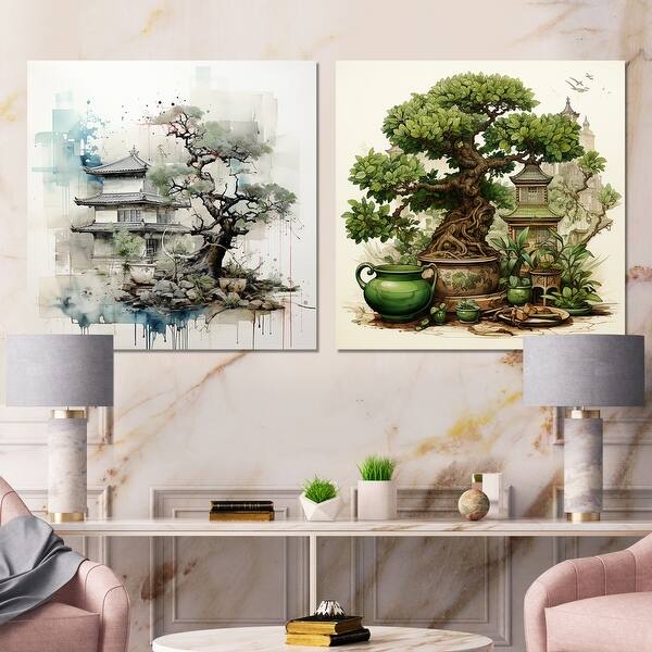 Designart "Bonsai Temple Japan Harmony I" Tree Bonsai Metal Wall Art Set -  Modern Metal Artwork Green Metal Art 2 Pieces - Bed Bath & Beyond - 42179614